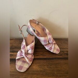 J. Crew Women's 7.5 Twisted Knot Penny Purple Gingham Block Glitter Heel Sandal